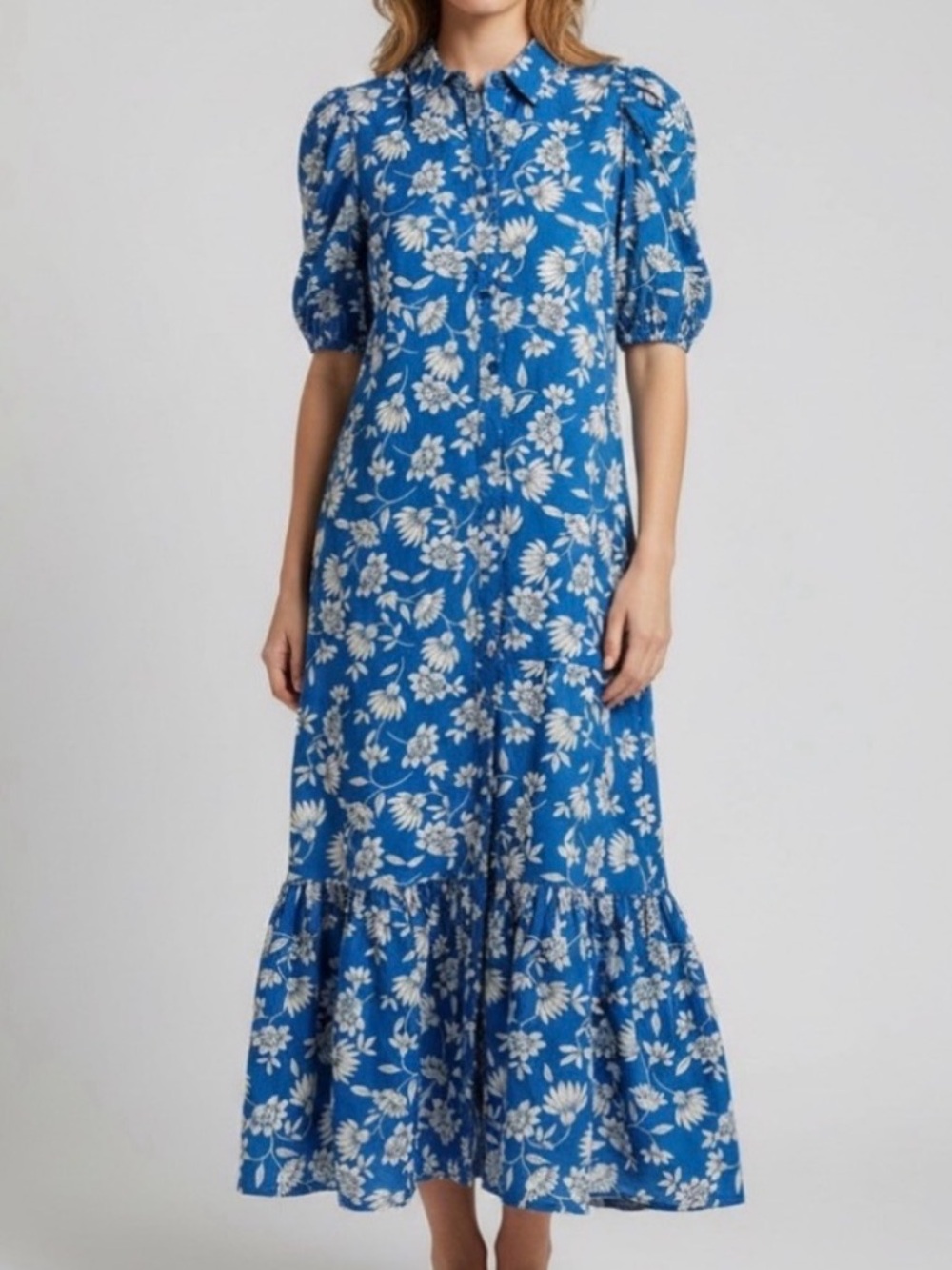 Zara Blue Floral Maxi Dress with Ruffle Hem
